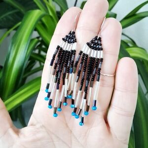 Chic Black and Blue Beaded Fringe Earrings